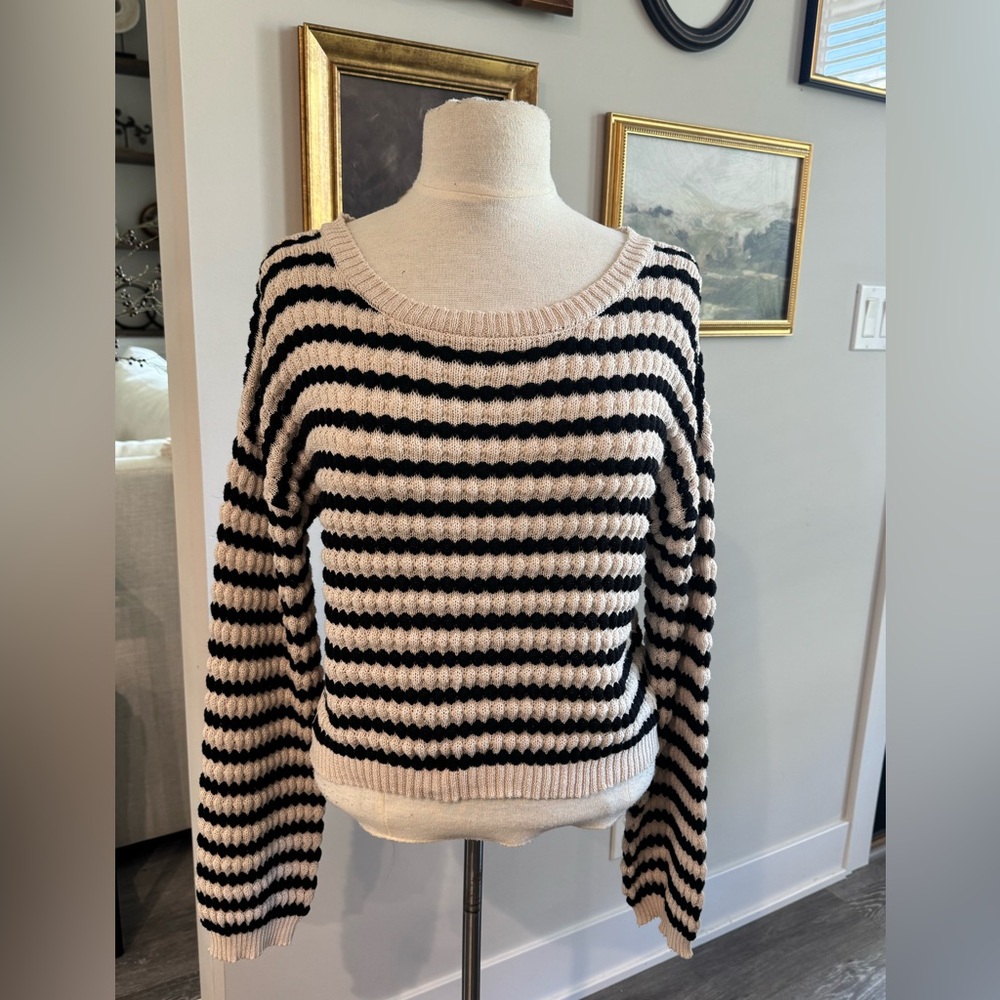 By Together Black and Cream Striped Crop Sweater Wide Sleeves Size Small
